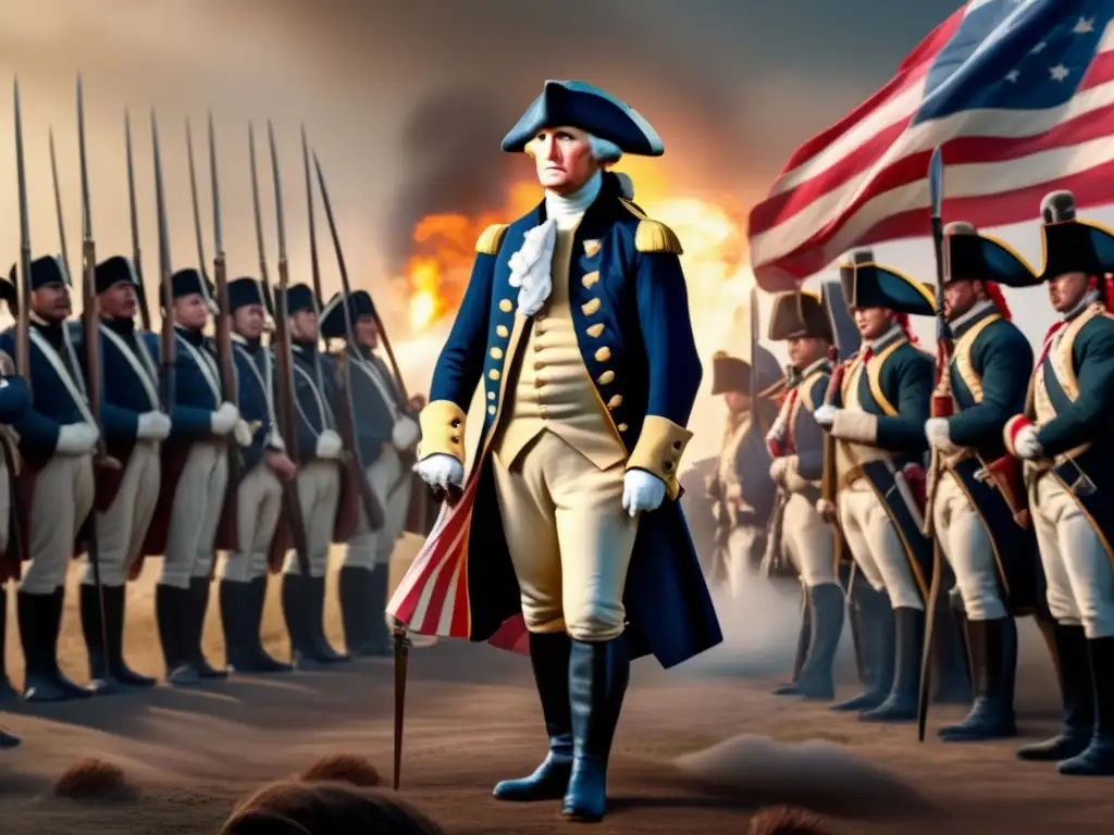 George Washington liderando estrategia en la revolución Americana, rodeado de tropas y banderas
