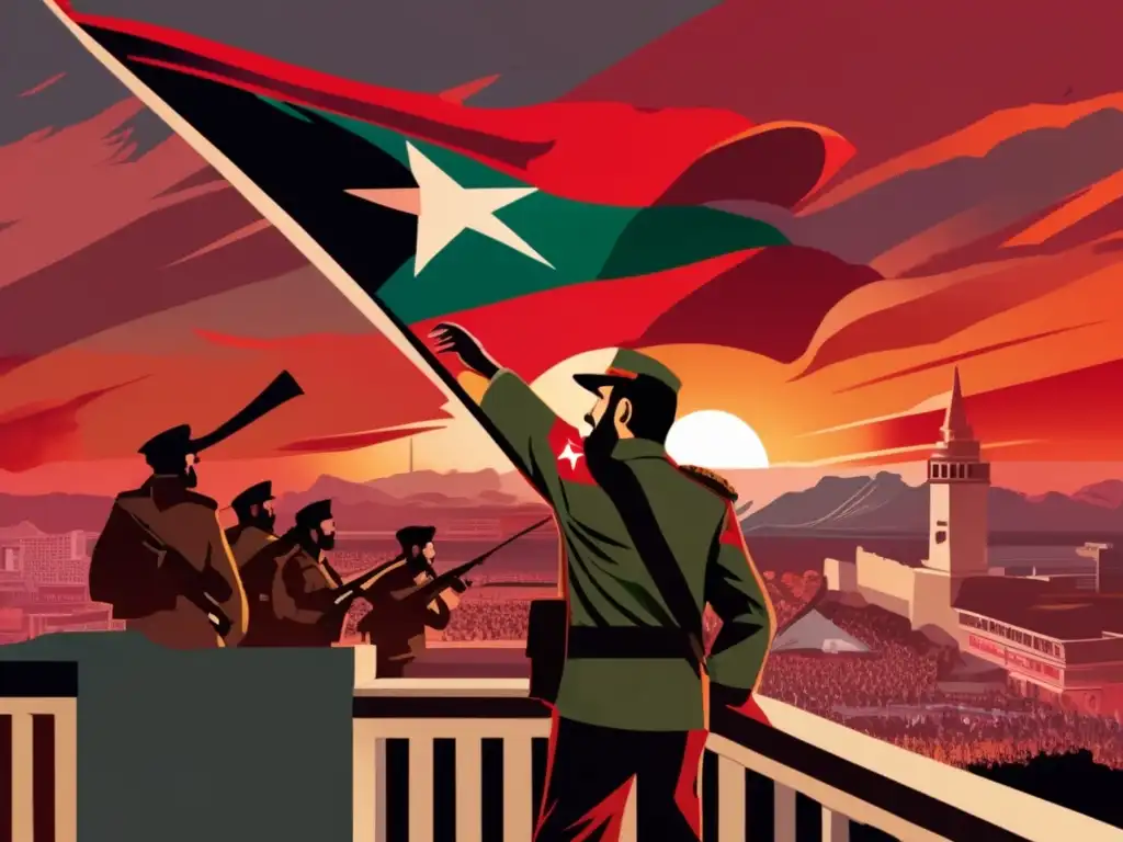 Fidel Castro lidera estrategia revolucionaria en la Guerra Fría, con el sol poniente y la ciudad en protesta