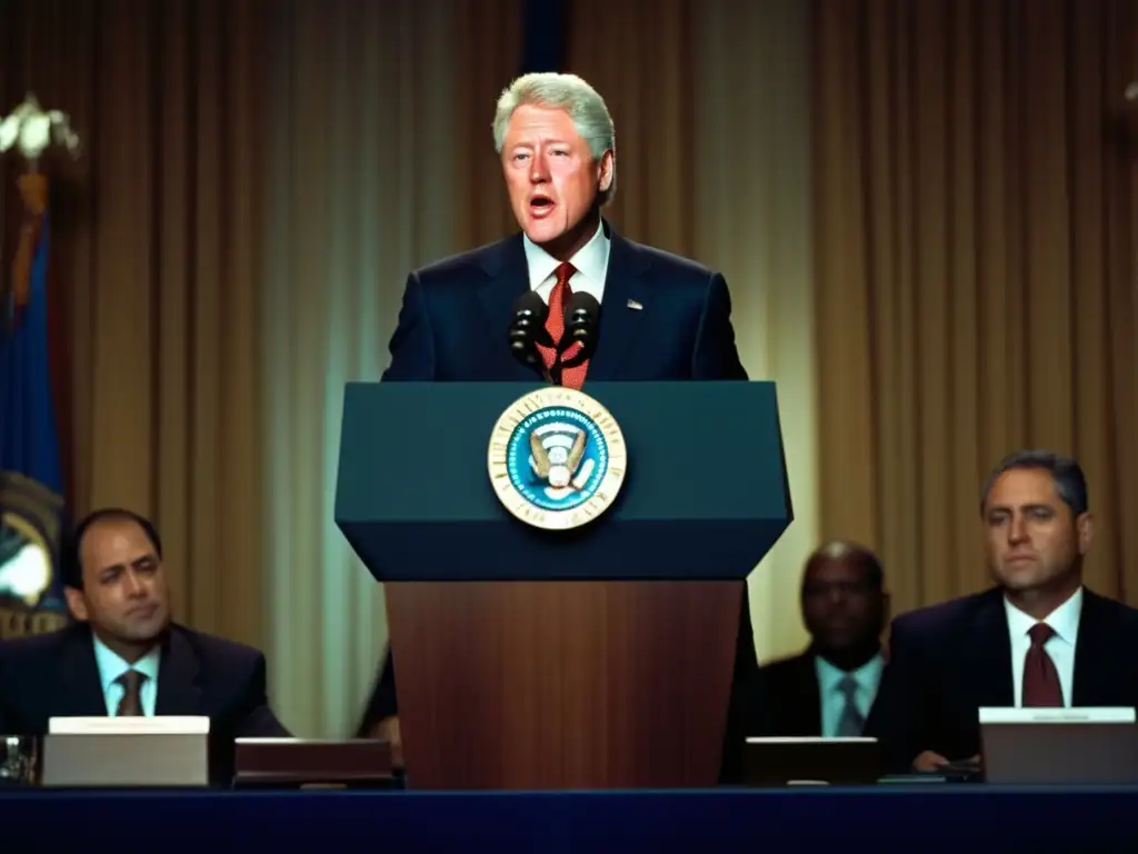 Bill Clinton lidera estrategias de contención de crisis con su equipo, mostrando determinación y enfoque