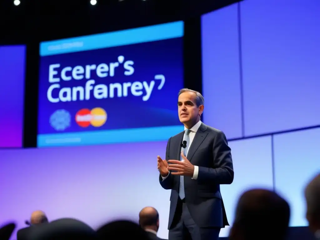 Mark Carney ofrece estrategias financieras con convicción en una conferencia, cautivando a una audiencia diversa