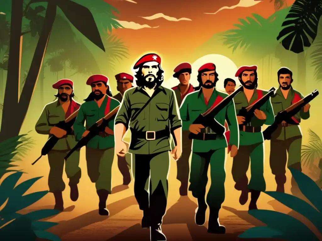 Che Guevara lidera estrategias de guerra de guerrillas en una ilustración digital de alta resolución, rodeado de combatientes en la densa selva