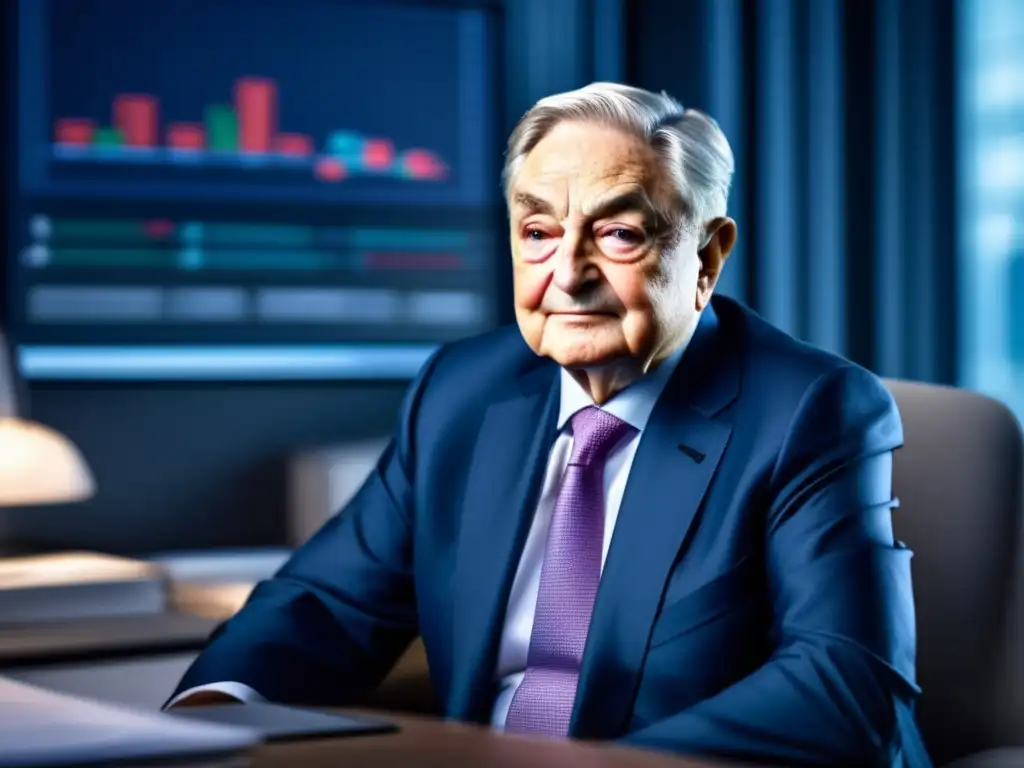 George Soros analiza estrategias de inversión en su elegante oficina, rodeado de gráficos financieros