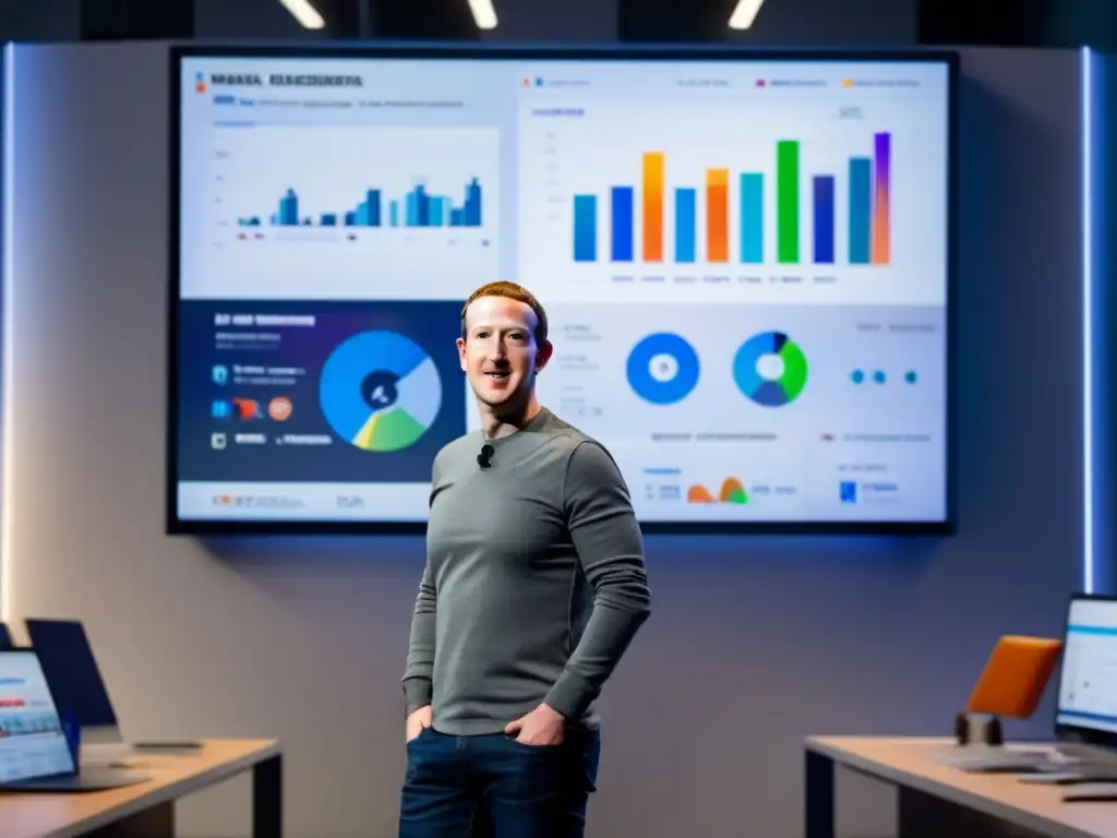 Mark Zuckerberg lidera estrategias de marketing digital para Facebook, con determinación en una oficina moderna y abierta