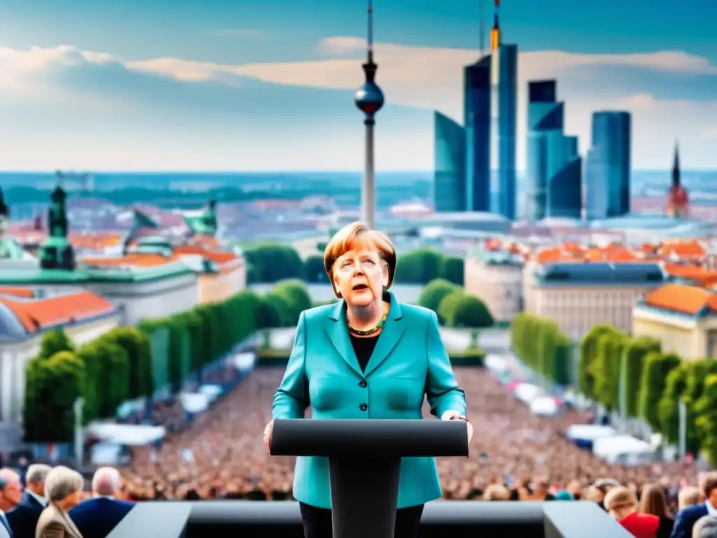 Angela Merkel liderando estrategias en medio de la crisis financiera de Europa, con un fondo urbano que refleja la tradición y la innovación