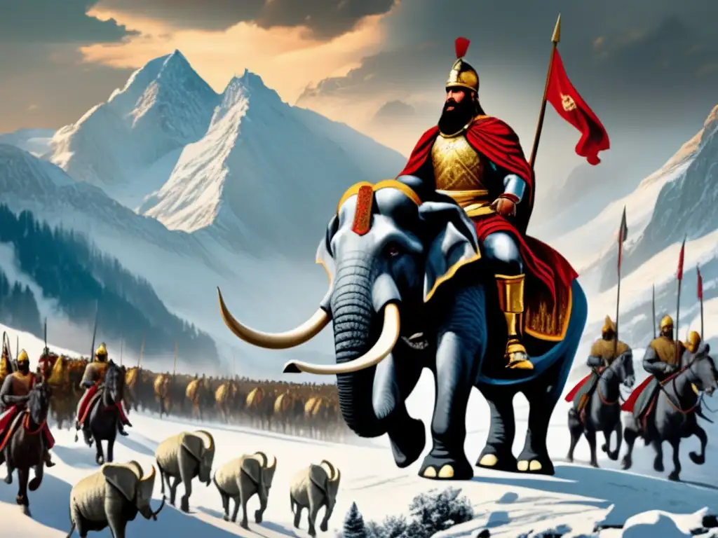 Hannibal Barca lidera estrategias militares, cruzando los Alpes con su ejército en un paisaje nevado y dramático