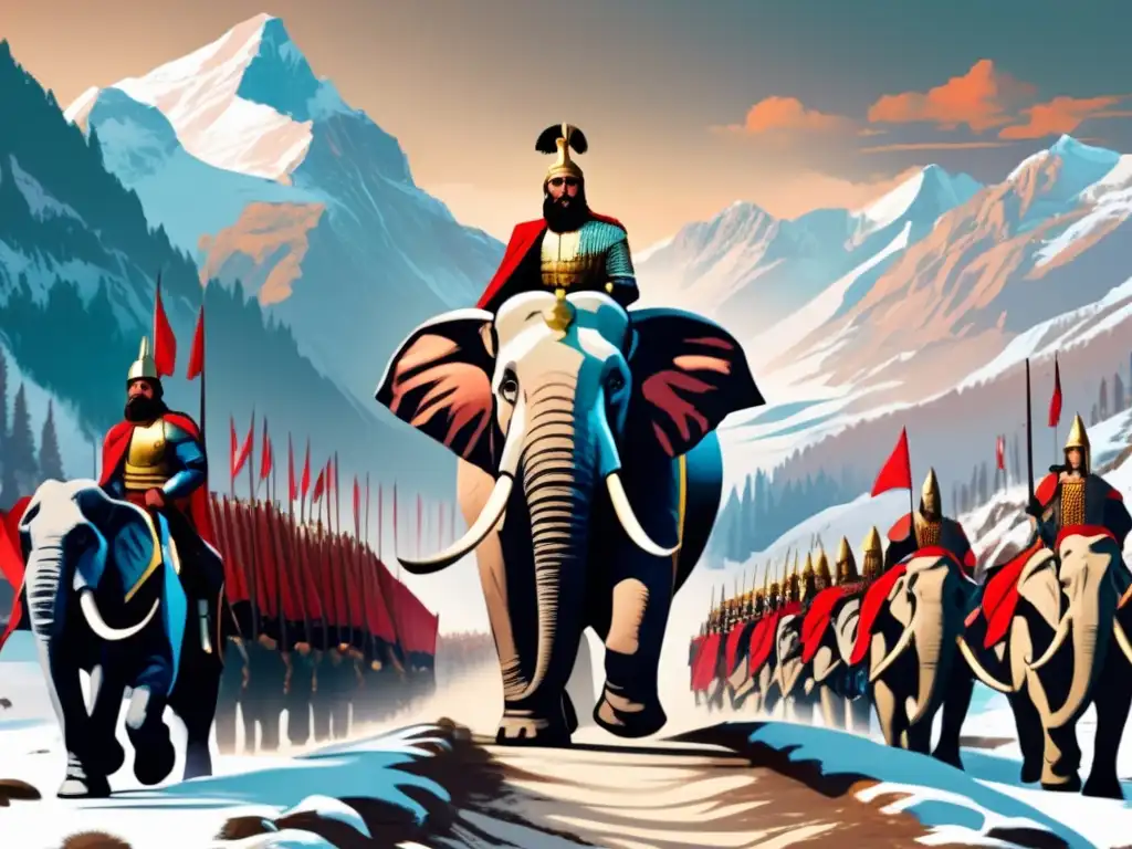 Hannibal Barca lidera estrategias militares a través de los Alpes con su ejército y elefantes de guerra, mostrando su determinación y astucia