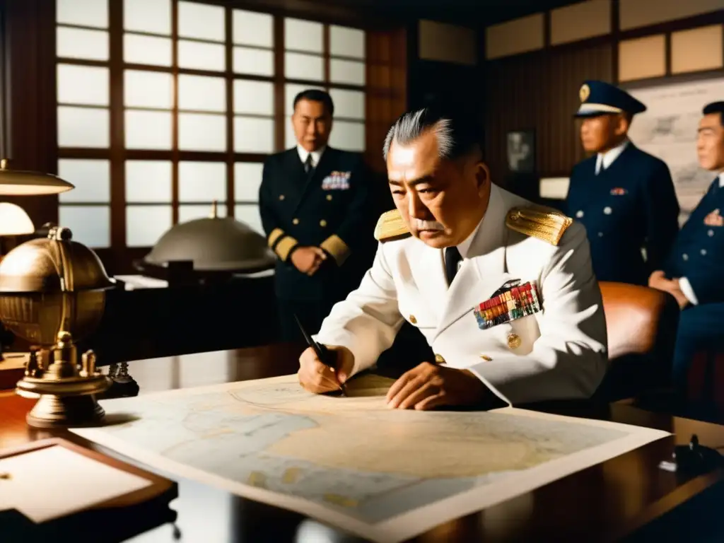 En su estratégica oficina, el Almirante Yamamoto estudia mapas de Pearl Harbor rodeado de oficiales, creando una atmósfera tensa y urgente