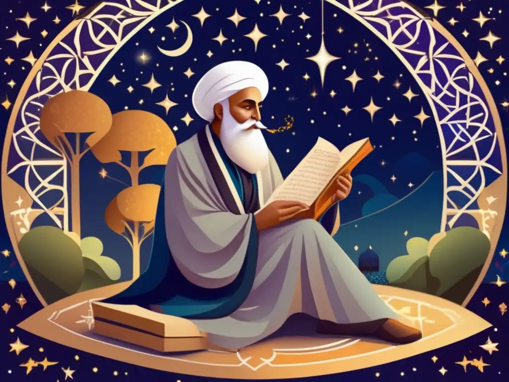 Omar Khayyam: Poeta y astrónomo en el jardín celestial- En el jardín, Omar Khayyam contempla las estrellas con serenidad, rodeado de patrones geométricos