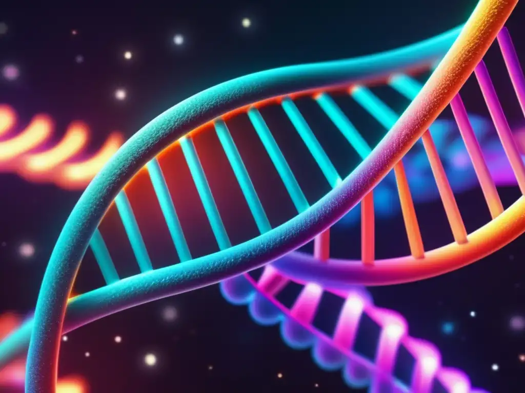 Una estructura de doble hélice de ADN brillante y detallada se destaca contra un fondo oscuro, con pares de bases de colores neón