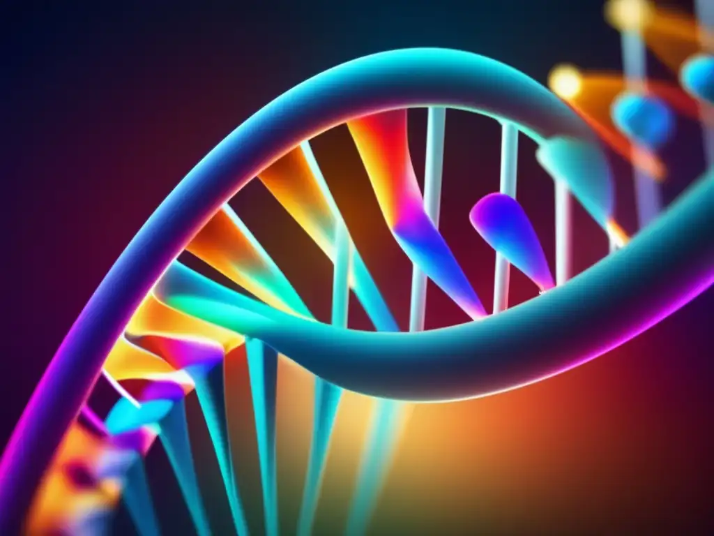 La estructura de doble hélice del ADN brilla con colores vibrantes, capturando descubrimientos revolucionarios del genoma humano