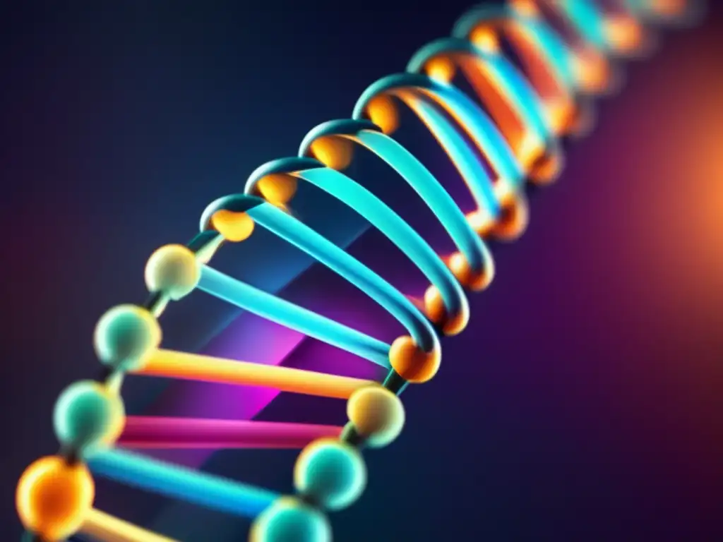 Una estructura de doble hélice de ADN, con colores vibrantes y detalles intrincados que representan las bases nucleótidas