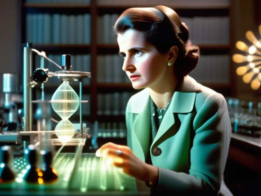 Rosalind Franklin investiga la estructura del ADN con determinación, rodeada de equipo científico