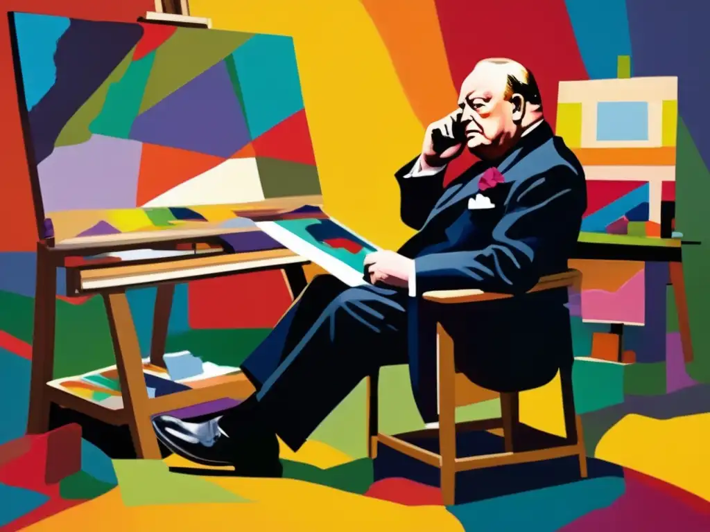 En el estudio de arte, Winston Churchill contempla sus pinturas