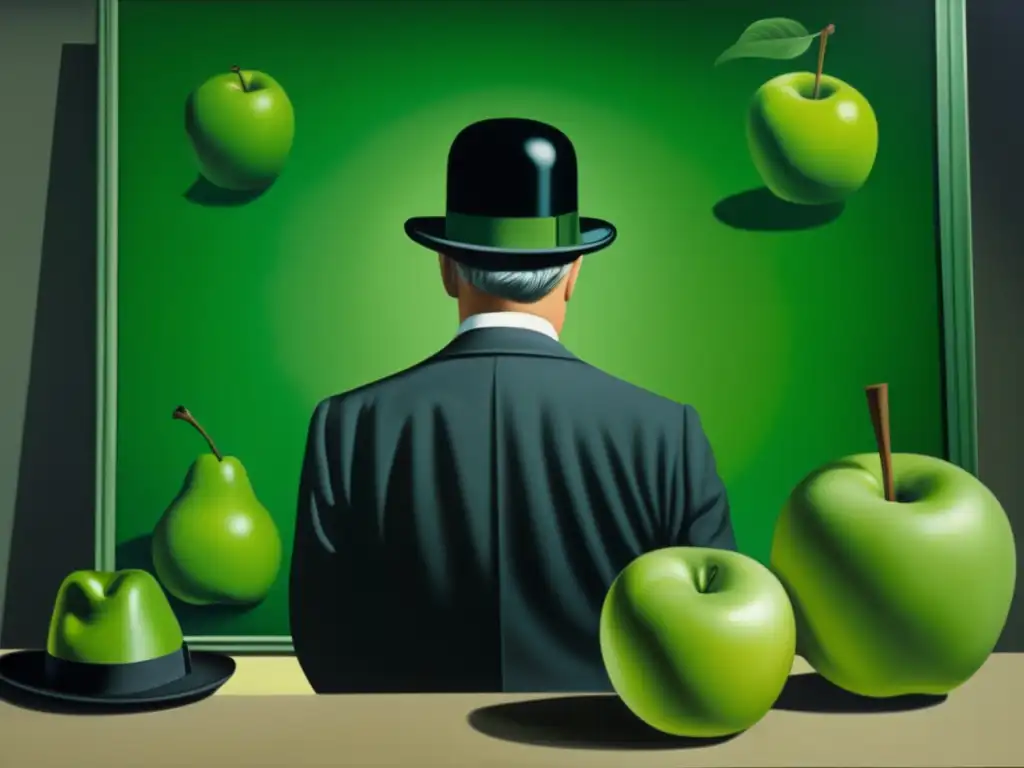 En el estudio, René Magritte, icónico artista surrealista, se sienta frente al lienzo, rodeado de sombras y colores vibrantes