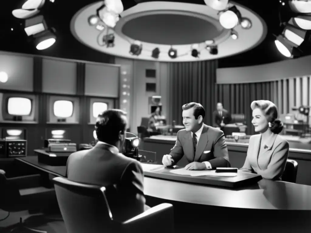 Un estudio de televisión vintage en blanco y negro con legendarios presentadores de noticias sentados en el escritorio, iluminados por luces de estudio
