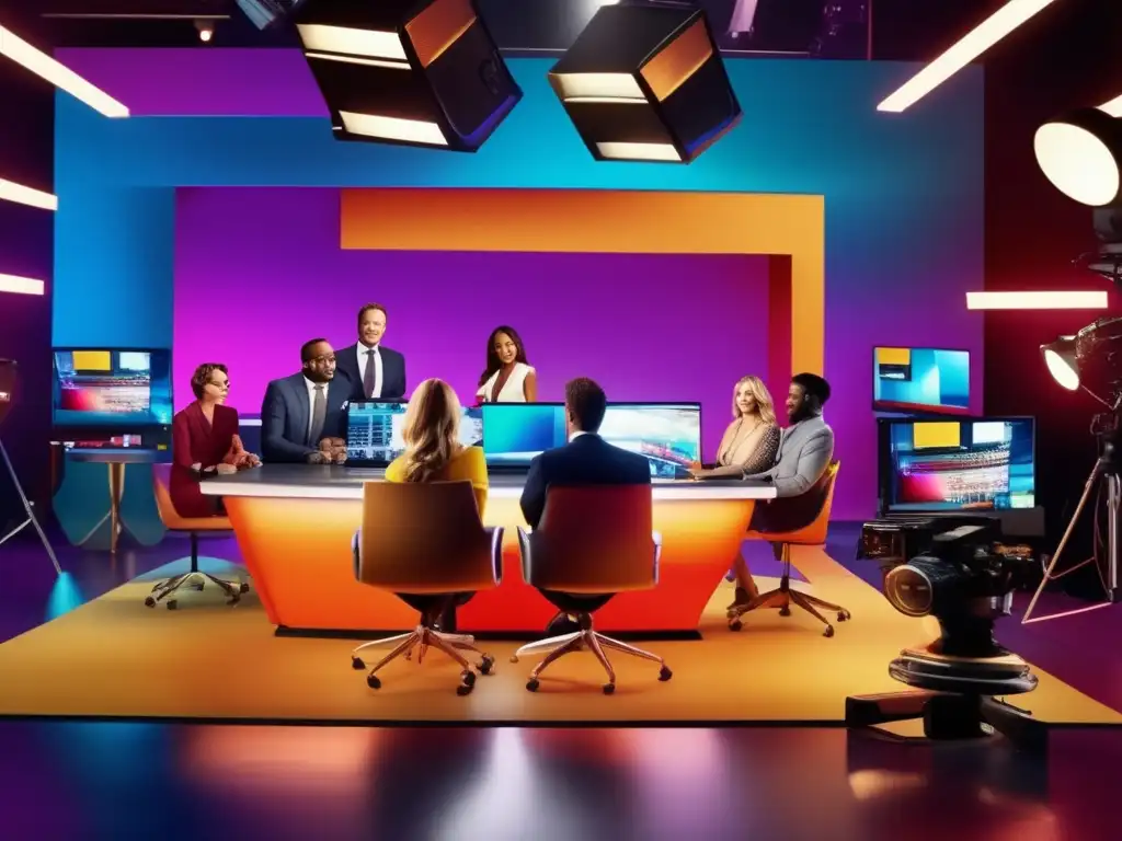 Un estudio de televisión bullicioso, con profesionales colaborando en un anuncio animado