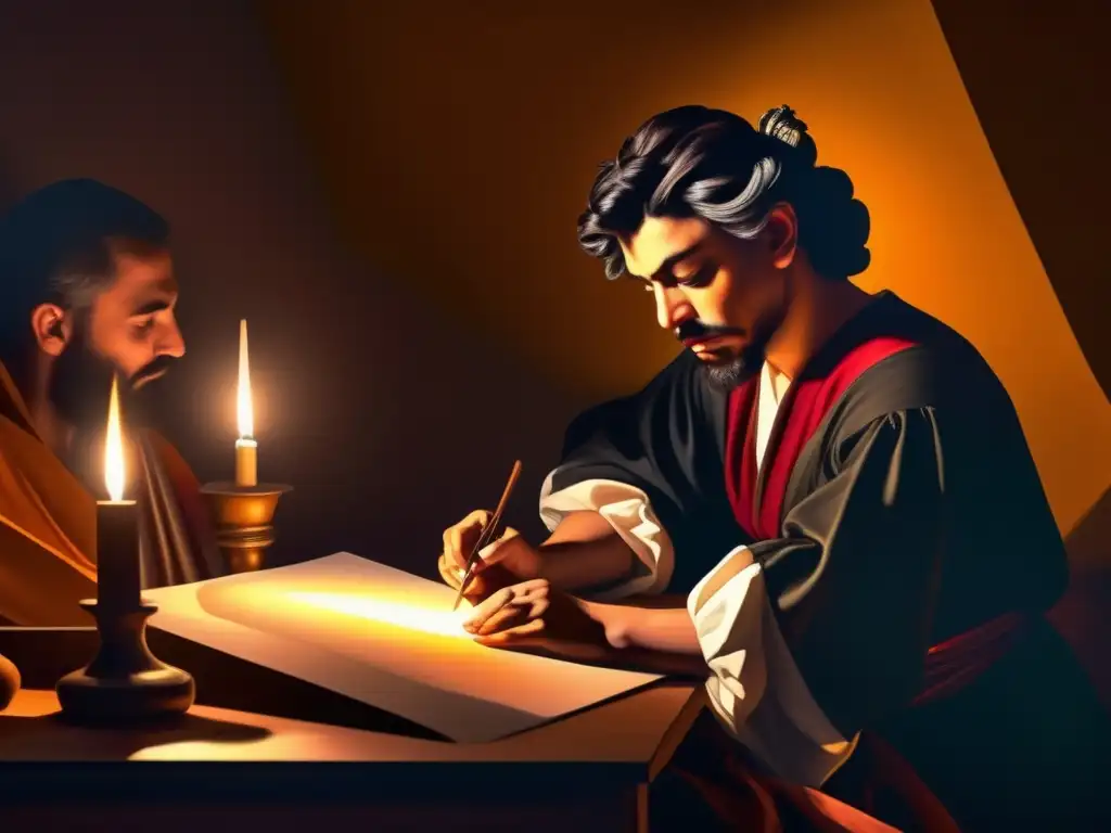 En su estudio, Caravaggio se concentra en su obra maestra, bañado por la luz de las velas