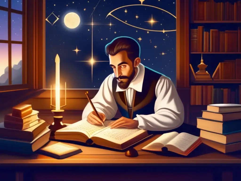 En su estudio, Johannes Kepler se sumerge en un complejo gráfico astronómico, iluminado por la tenue luz de una vela