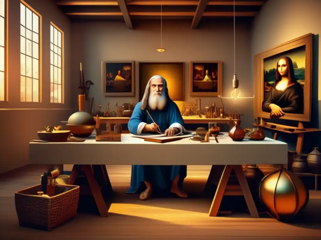 En su estudio, el genio renacentista Leonardo da Vinci se concentra en una nueva creación rodeado de sus famosas obras de arte