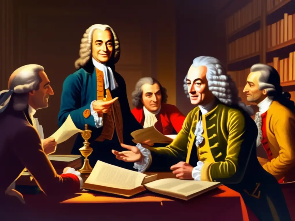 En una estudio iluminado por cálida luz dorada, Voltaire debate con revolucionarios americanos, rodeados de libros y documentos