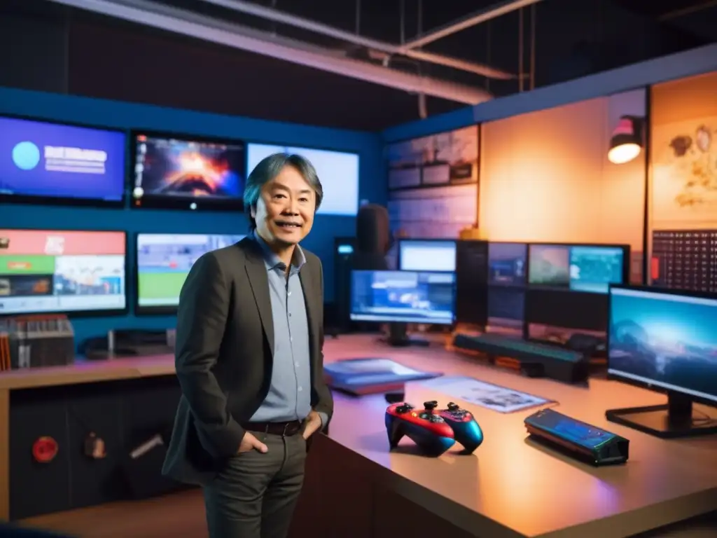 En el estudio, Shigeru Miyamoto revisa un juego, rodeado de arte y premios