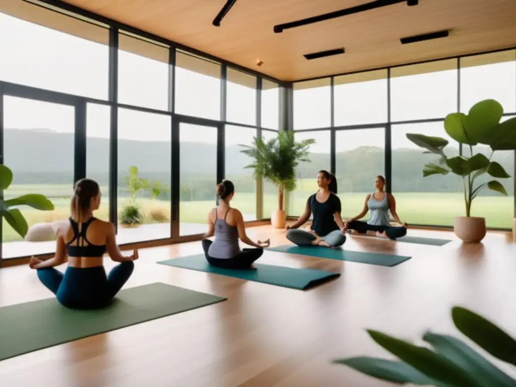 Desde un estudio de yoga moderno, la luz natural inunda la sala donde los practicantes realizan posturas, rodeados de plantas