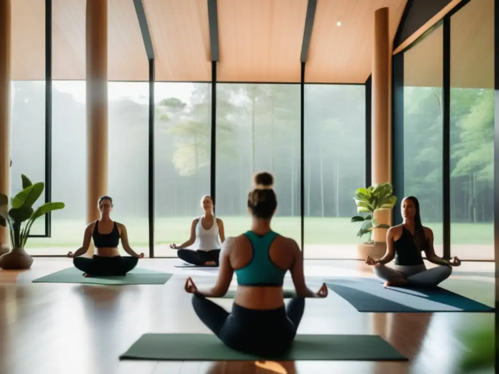 Un estudio de yoga moderno y sereno con ventanas de piso a techo que dan a un frondoso bosque