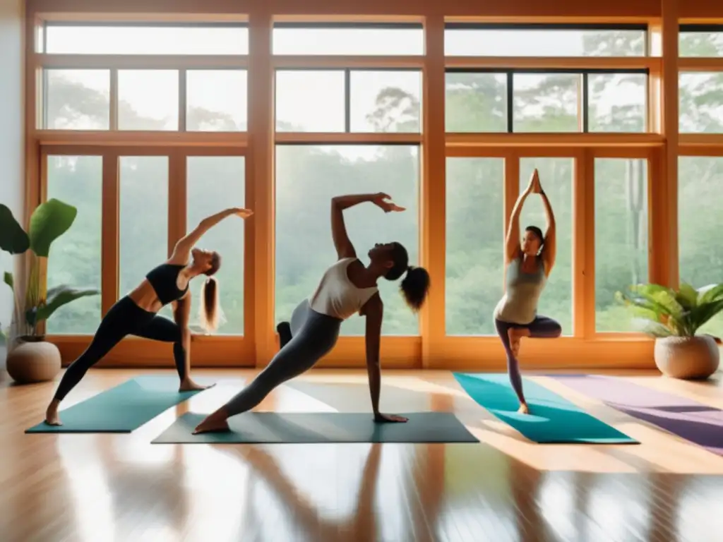 Un estudio de yoga moderno y sereno con vistas a un exuberante bosque