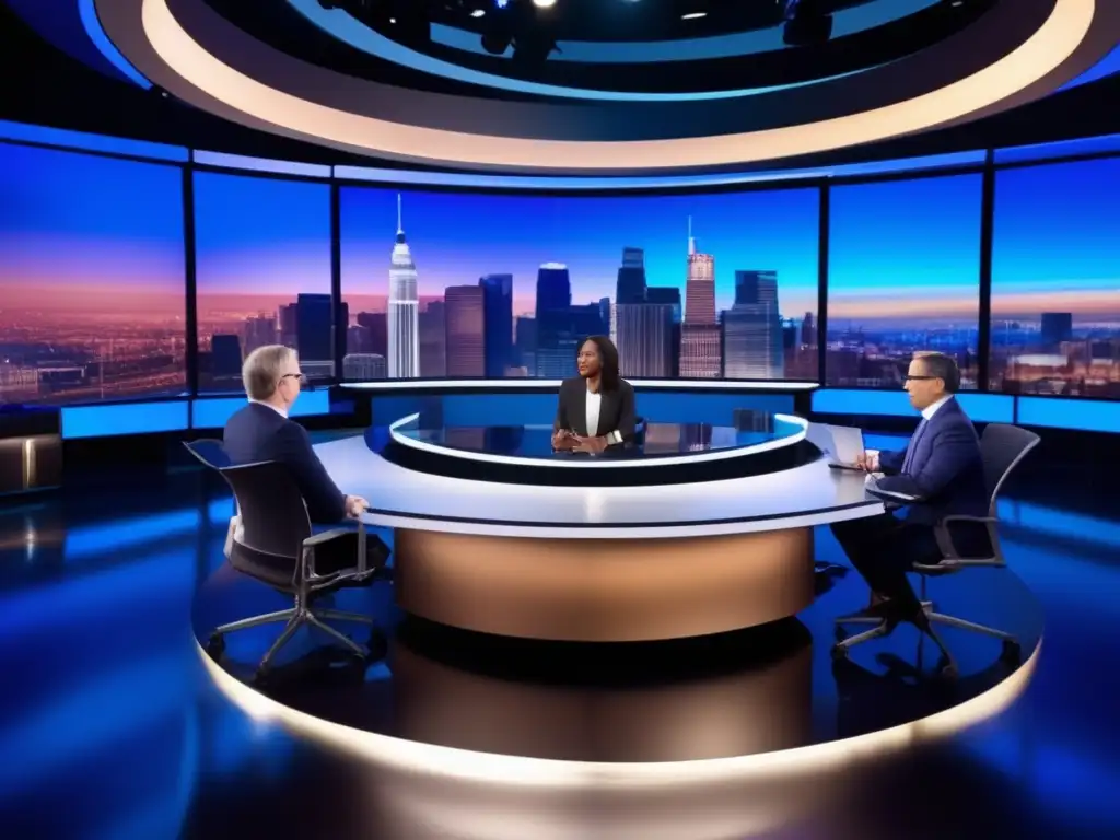 Un estudio de televisión moderno y vibrante con analistas políticos en una animada discusión