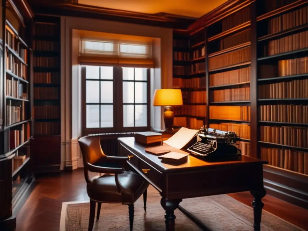En una estudio en penumbra, libros de literatura rusa del siglo XIX llenan las estanterías de piso a techo, bañando el ambiente en un cálido resplandor dorado