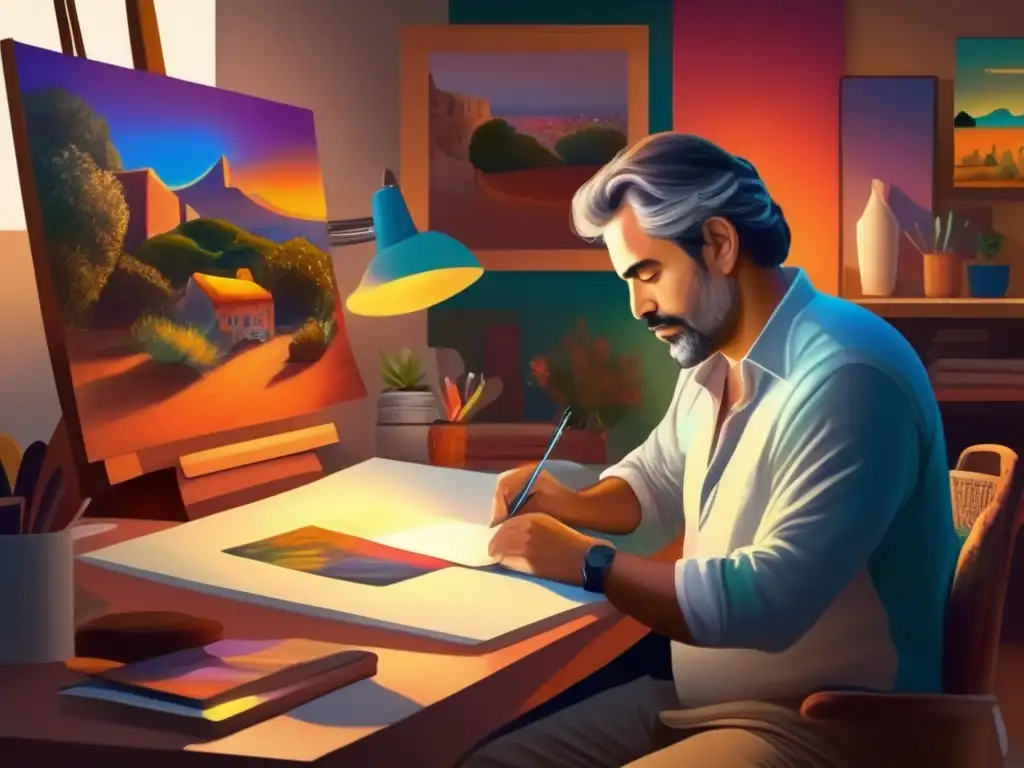 En el estudio de Rafael, sus pinturas y bocetos rodean al artista, quien irradia pasión y dedicación