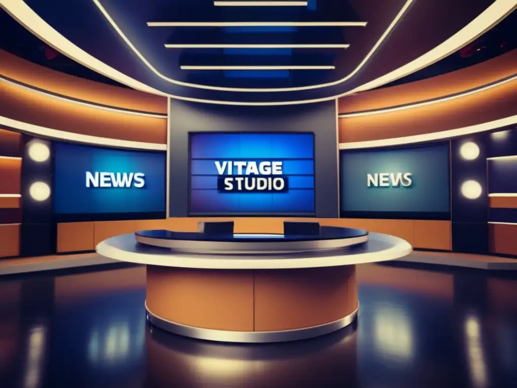 Un estudio de televisión vintage con presentadores de noticias transmitiendo confianza y profesionalismo