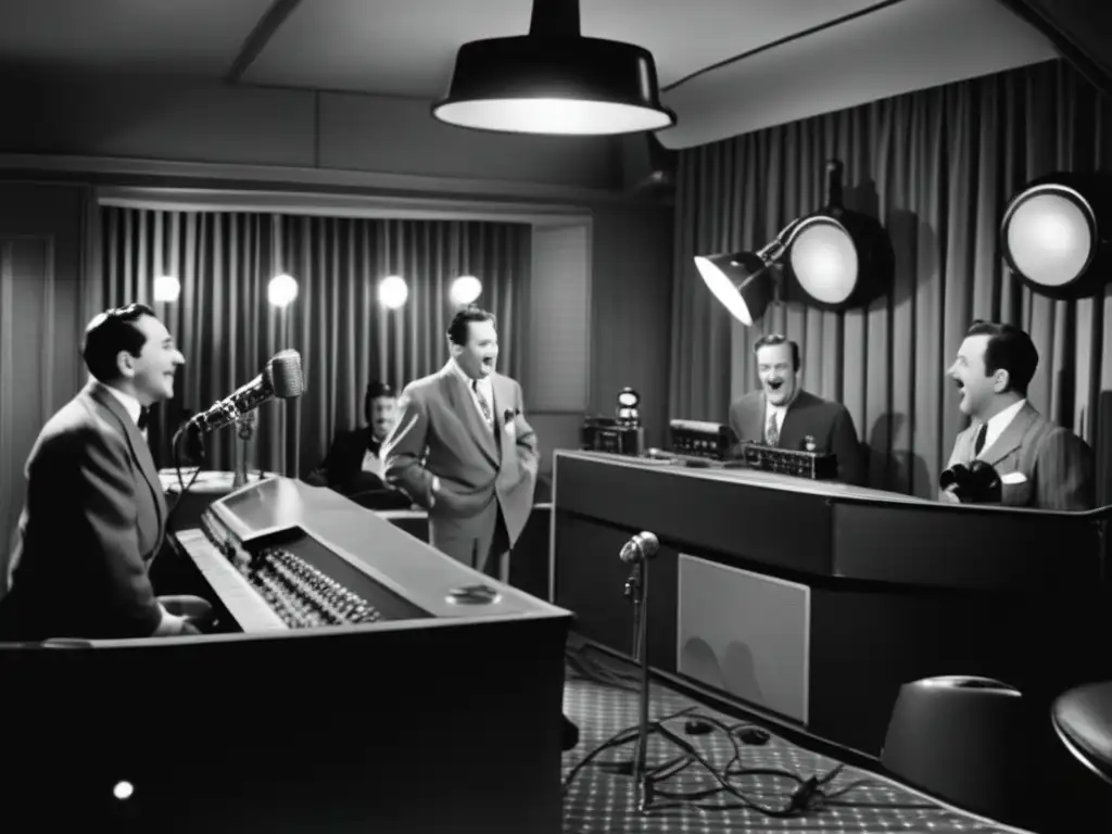 Un estudio de radio vintage en blanco y negro con humoristas de la radio históricos actuando en vivo