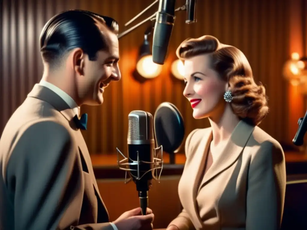 En un estudio de radio vintage, una pareja se mira con amor bajo una cálida luz