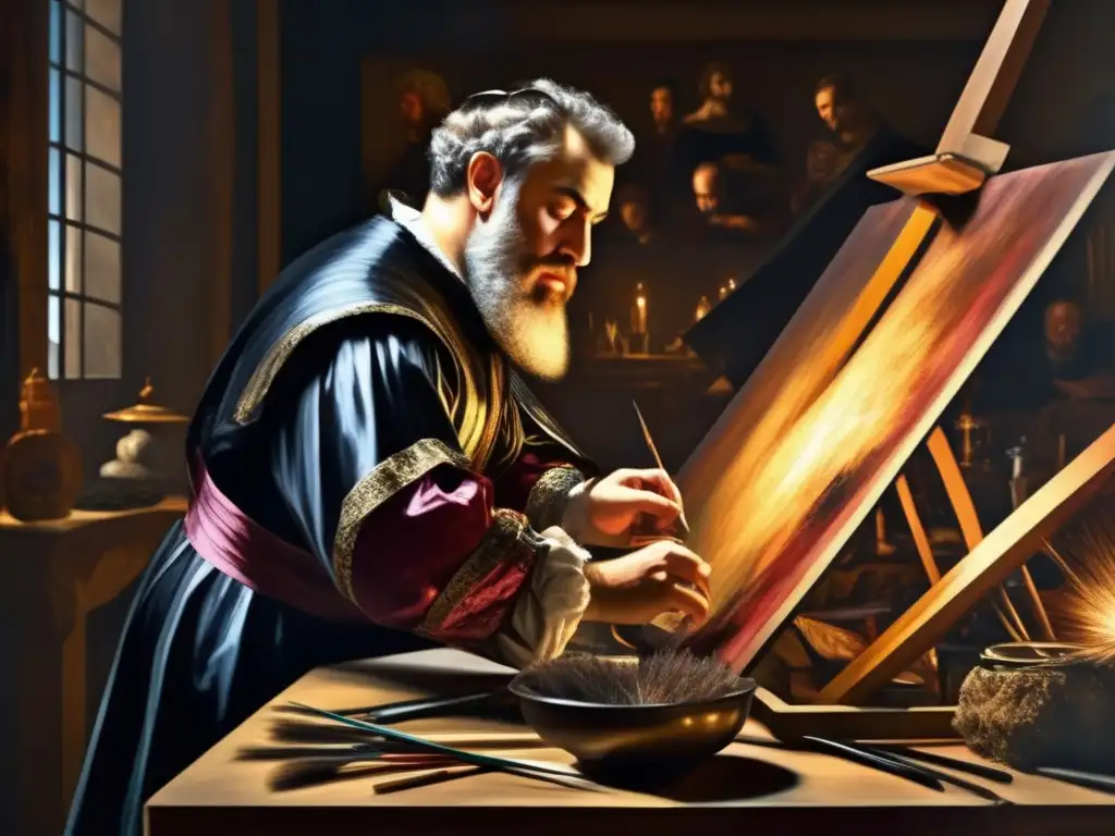 En su estudio del Renacimiento, Tintoretto trabaja apasionadamente en una obra maestra rodeado de caos creativo