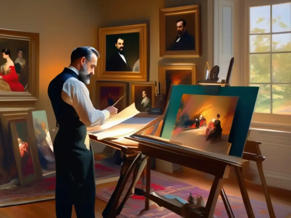 En su estudio, John Singer Sargent, rodeado de sus elegantes retratos, muestra su intensa concentración