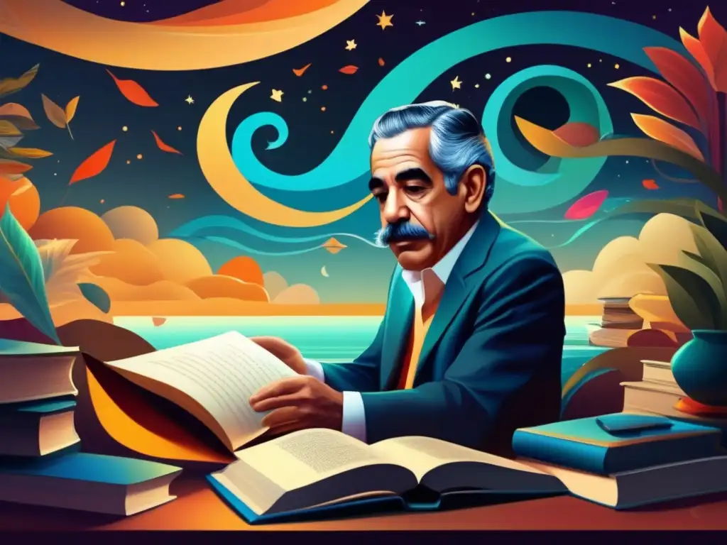 Gabriel García Márquez en su estudio rodeado de elementos de realismo mágico