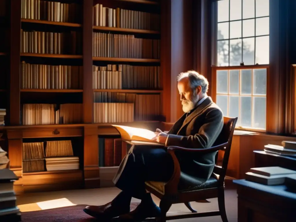 En la fotografía, William James se encuentra en su estudio, rodeado de estantes repletos de libros, con la luz del sol iluminando la habitación