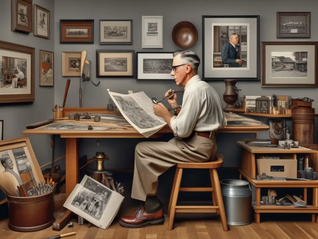 En su estudio, Norman Rockwell rodeado de sus icónicos retratos, exudando nostalgia y pasión artística