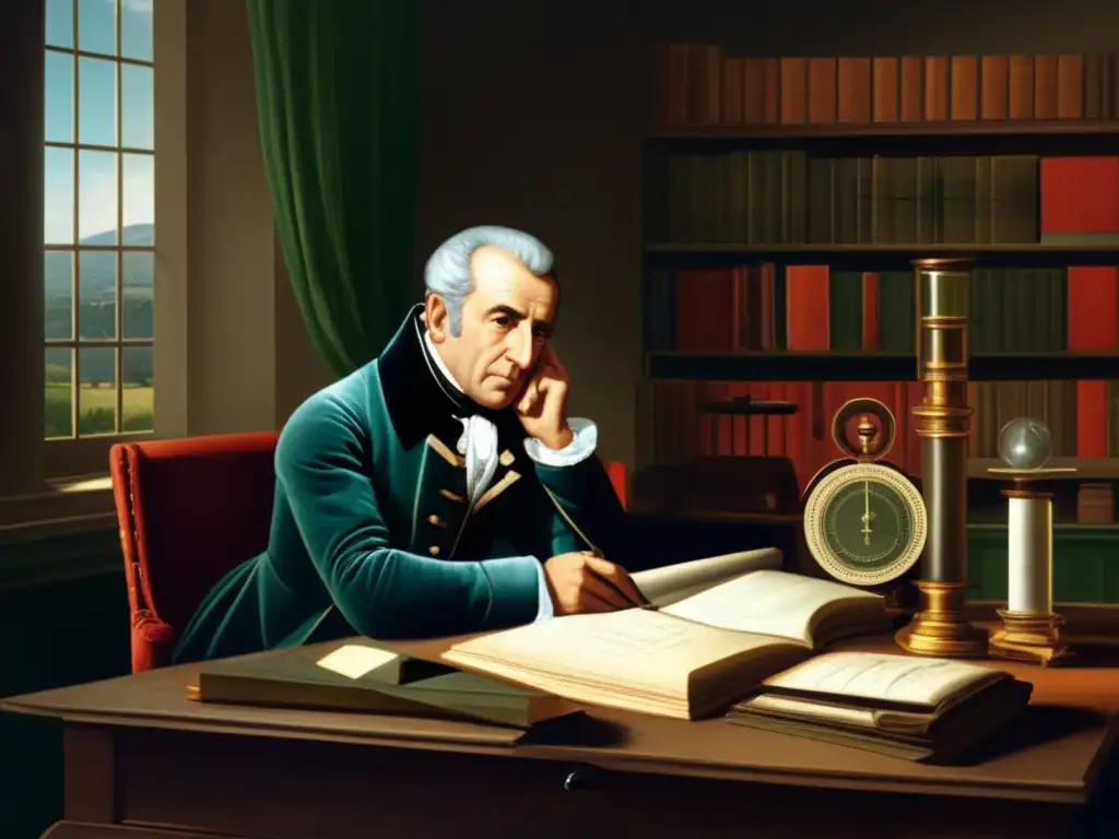 Alessandro Volta en su estudio, rodeado de instrumentos científicos y papeles, mirando pensativo por la ventana al campo italiano