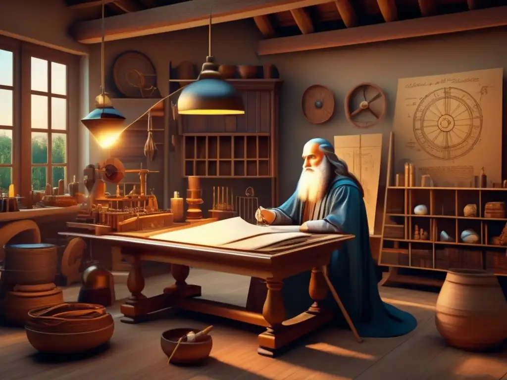 Leonardo da Vinci en su estudio rodeado de inventos, bocetos y obras maestras, reflejando su genio renacentista y su intensa creatividad