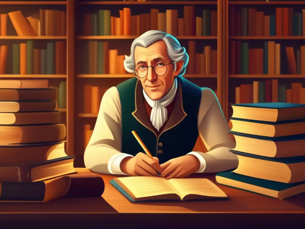 Jacob Grimm escribiendo en su estudio rodeado de libros, con una atmósfera académica y cálida