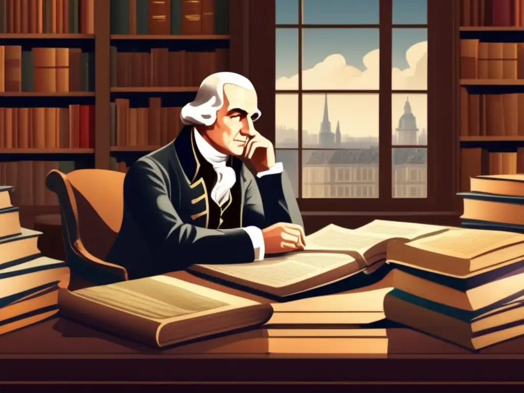 Adam Smith reflexiona en su estudio, rodeado de libros, con una ciudad bulliciosa de fondo