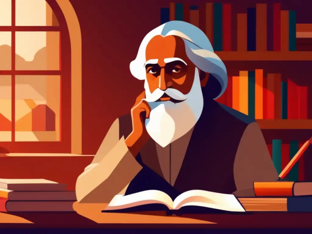 En su estudio, Rabindranath Tagore reflexiona rodeado de libros y herramientas de escritura