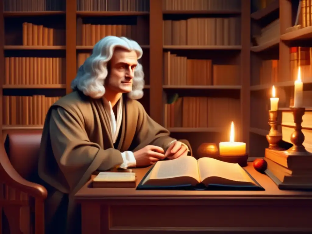Isaac Newton reflexiona en su estudio, rodeado de libros y herramientas científicas, mientras la luz de las velas realza la atmósfera intelectual