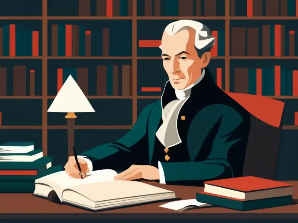 Immanuel Kant reflexiona en su estudio, rodeado de libros, representando la importancia ética del pensamiento de Kant