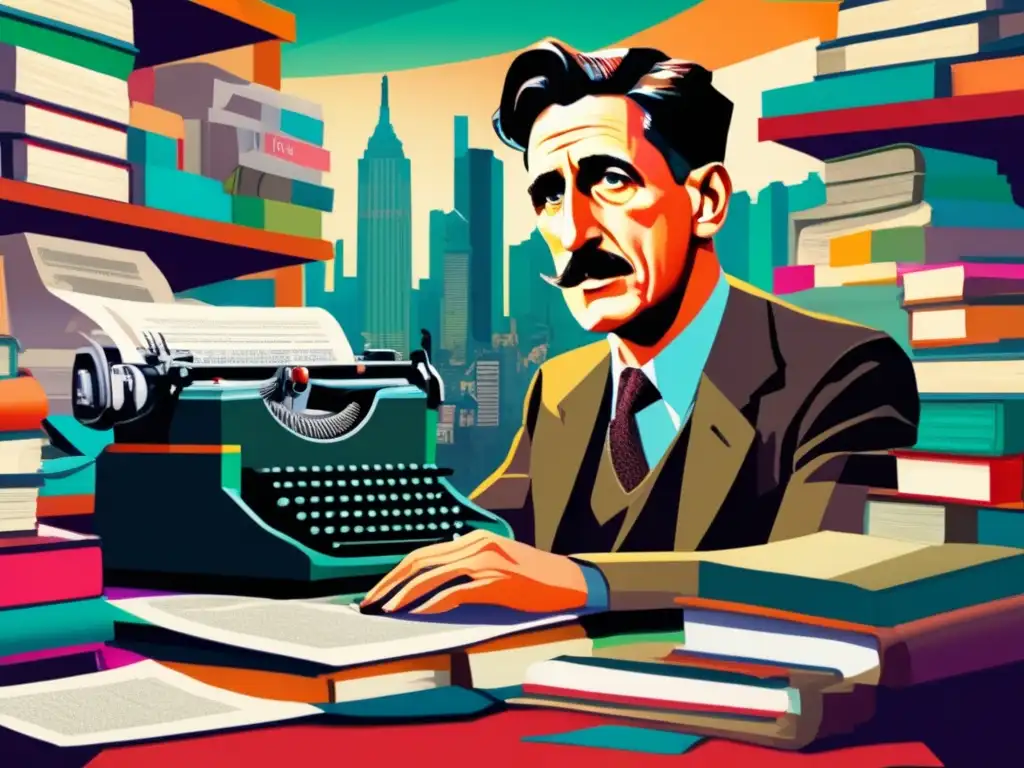 George Orwell, profeta escritor, reflexiona en su estudio rodeado de libros y máquinas de escribir, con una ciudad futurista de fondo
