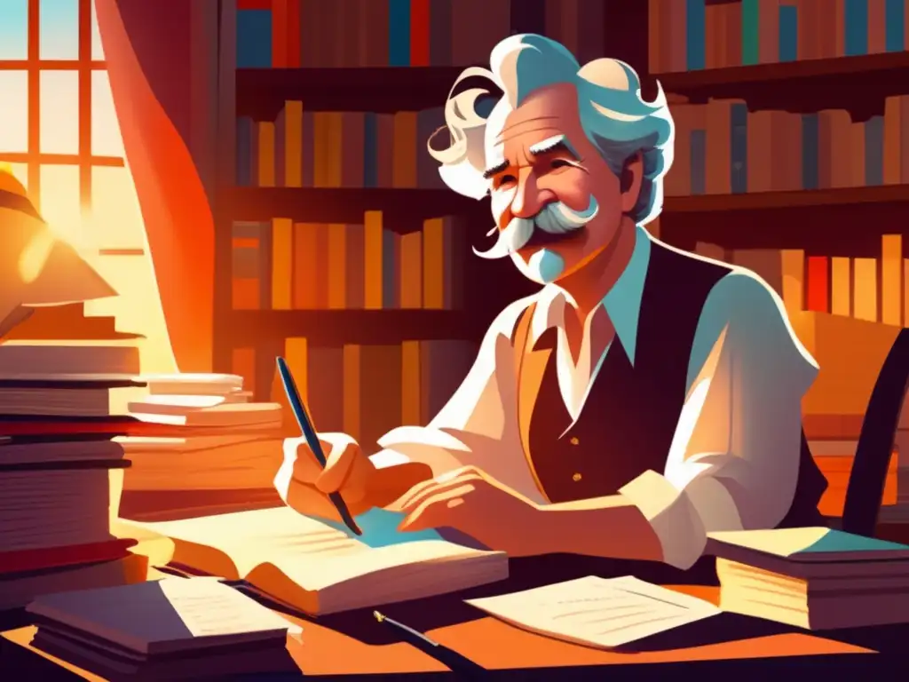 Mark Twain en su estudio, rodeado de libros y papeles, con una sonrisa traviesa