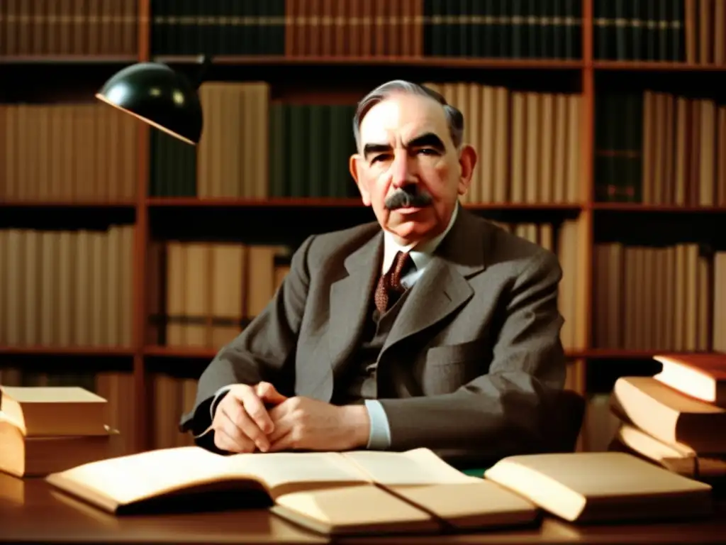 John Maynard Keynes reflexiona profundamente en su estudio, rodeado de libros y papeles, con una cálida luz que resalta su autoridad intelectual