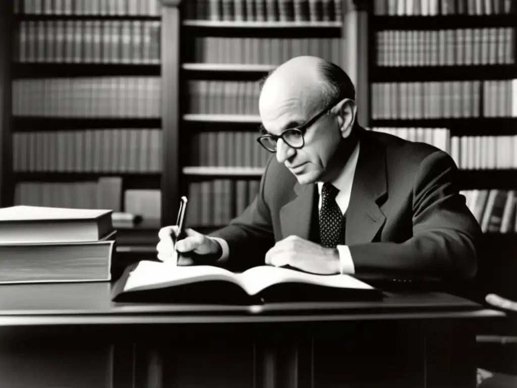 Milton Friedman escribiendo en su estudio, rodeado de libros y papeles